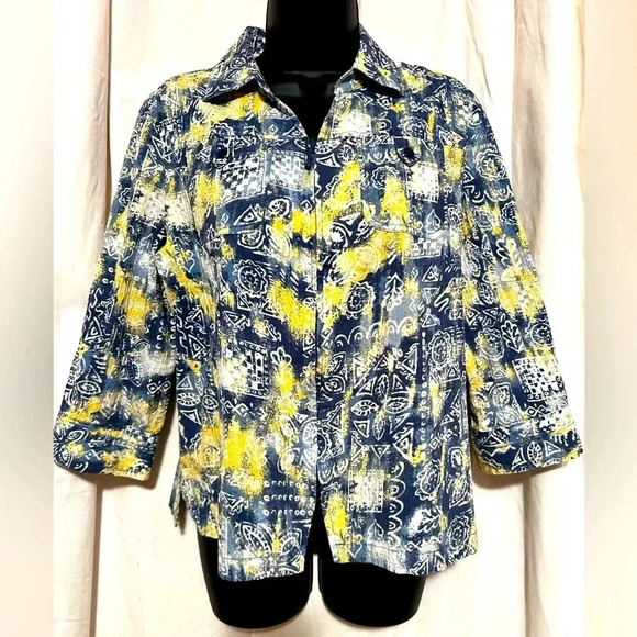 Christopher & Banks Blue/Yellow Zip Up Jacket 3/4 Sleeve Stretch Woman's Sz M - Picture 1 of 7